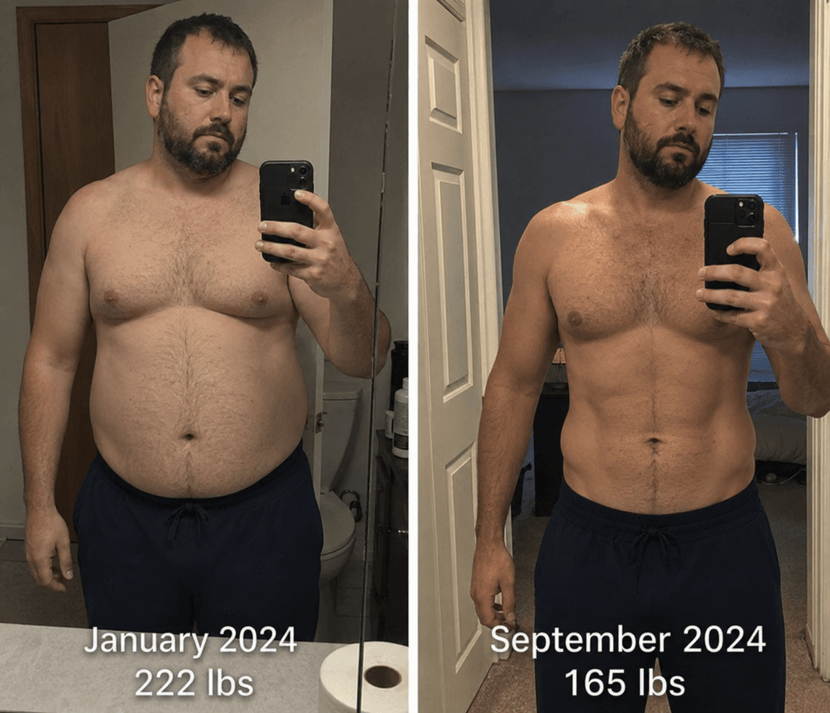Member before and after — 222 lbs to 165 lbs in 9 months