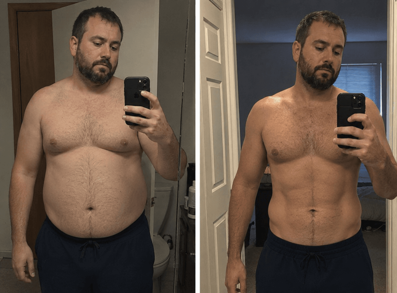 Member before and after: 222 lbs to 165 lbs in 6 months